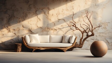 Interior of modern cozy living room with rustic decor in luxury villa. Stylish creative sofa, made of roots and branches. Stone textured decorative wall. Eco home design. 3D rendering.