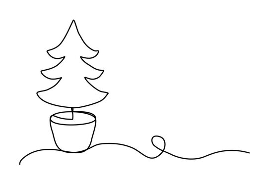 Christmas tree in pot, line art, continuous line vector