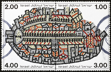 Ancient mosaic of Jerusalem of Madaba map on postage stamps