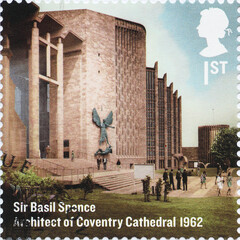 Coventry Cathedral by Sir Basil Spence on british postage stamp - obrazy, fototapety, plakaty