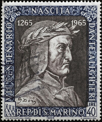 Dante Alighieri portrait on old italian stamp