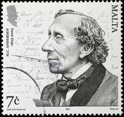 Hans Christian Andersen portrait on postage stamp