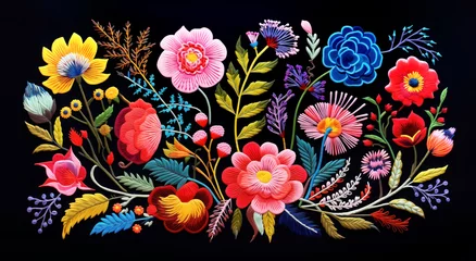 Foto op Canvas Mexican textile broidery floral composition on black background. Colorful flowers embroidered © Denniro