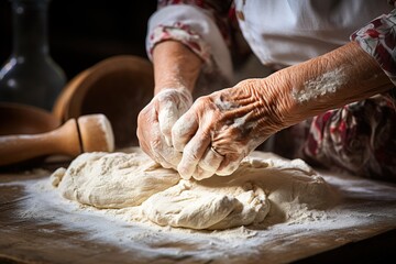 closeup of an elderly woman's hands covered with flour kneading dough on the table