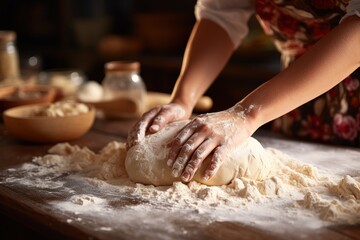 closeup of a young woman's hands kneading dough on a wooden table