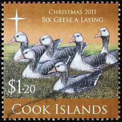 Twelve days of Christmas - 6 geese a laying on postage stamp of Cook Islands