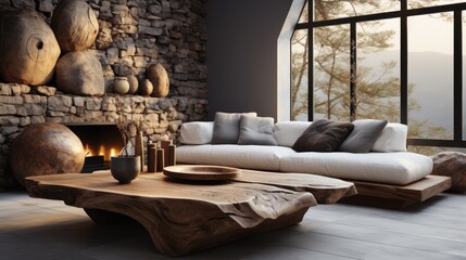 Fototapeta na wymiar Interior of modern cozy living room with rustic decor in luxury villa. Stylish sofa, rough wooden coffee table, fireplace, decorative stone wall, panoramic window. Eco home design. 3D rendering.