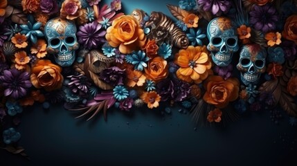 Day of the dead dia de muertos a holiday honoring the dead, the souls of deceased relatives visit home skulls, skeletons, Halloween makeup. venerating the dead creatively beautiful . - obrazy, fototapety, plakaty