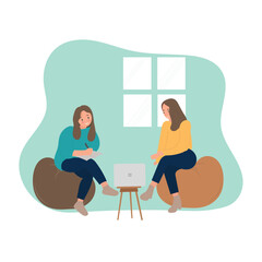 Woman talking to colleague sitting on sofa. Business  concept, vector illustration in flat style.