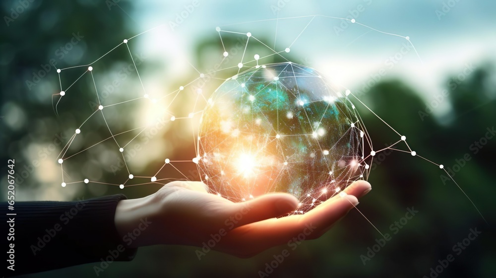 Aufkleber man hands holding global network and data customer