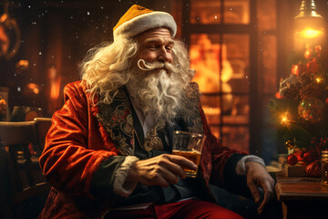 Santa Claus with a glass of whiskey. Cheerful and funny grandfather frost on the eve of the new year wishes you a happy holiday. winter, performance is amusing.