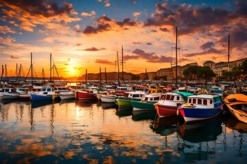 A bustling harbor filled with colorful boats and a vibrant sunset in the background - obrazy, fototapety, plakaty