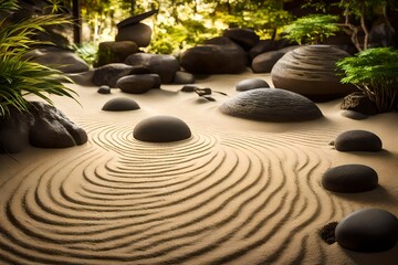 A tranquil Zen garden with carefully raked sand and perfectly placed rocks.