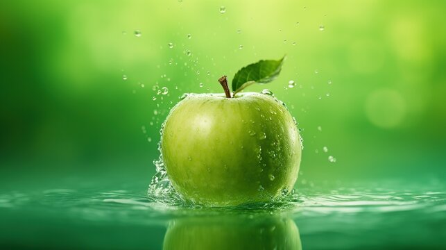 Green apple fruit on splashing water on pink background