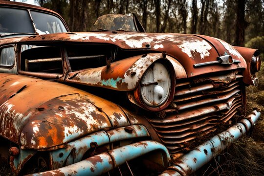 The rusted metal surface of an old, abandoned car, showcasing the decay and textures caused by time.