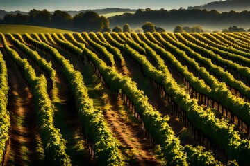 A peaceful vineyard with rows of grapevines stretching to the horizon.