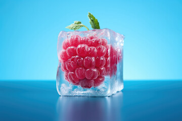 Frozen raspberry in an ice club on a neon background