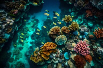 A bird's-eye view of a coral reef, showcasing the vibrant textures and colors of the underwater ecosystem.