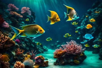 Naklejka na ściany i meble A surreal underwater world with exotic fish and vibrant coral reefs.