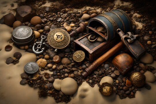 Forgotten pirate treasure buried on a remote island beach