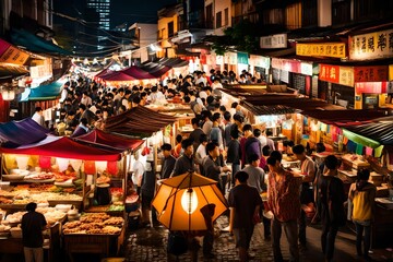 A bustling Asian night market with colorful stalls and street food vendors. - obrazy, fototapety, plakaty