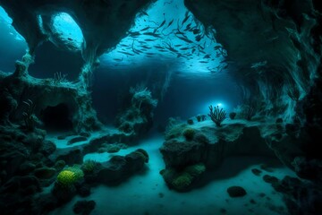 Fototapeta na wymiar Surreal underwater cave with bioluminescent creatures