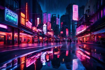 Vibrant cityscape at twilight with neon lights reflecting on wet streets