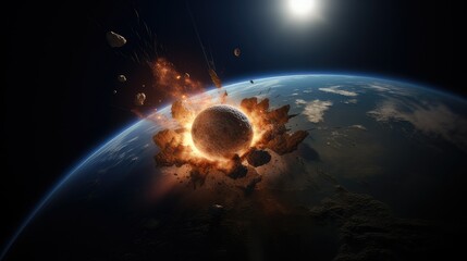 Asteroid crashing into the earth. end of the world. View from outer space. generative AI