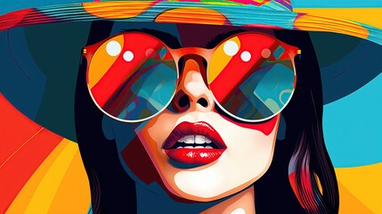 Pretty woman with eyeglasses wear a hat colorful pop art style. AI generated image - obrazy, fototapety, plakaty