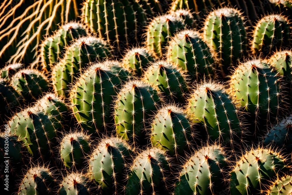 Poster a macro view of the textured surface of a cactus, with its spines and patterns under the desert sun.