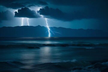 A dramatic lightning strike over a tranquil, moonlit ocean.