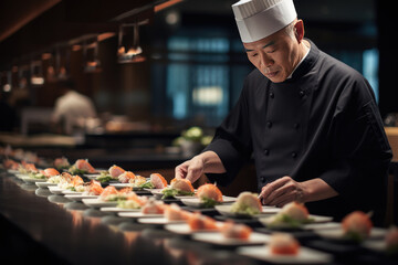 A sushi chef serves sushi in a luxury restaurant - obrazy, fototapety, plakaty