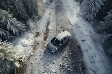 Winter car accident with a car wreck on snowy street