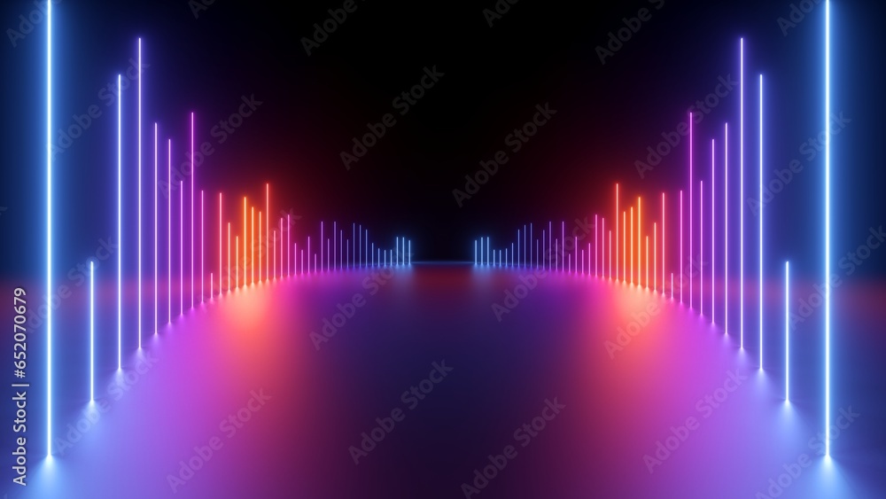 Poster 3d render, abstract geometric background. vertical lines glowing in the dark. neon equalizer graph. 