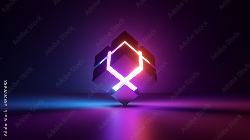 Poster 3d render, abstract neon background. box with glowing lines inside the dark room. virtual reality. f