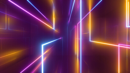 3d rendering, abstract geometric background, chaotic neon lines glowing in the dark, colorful laser rays, fantastic technology wallpaper - obrazy, fototapety, plakaty