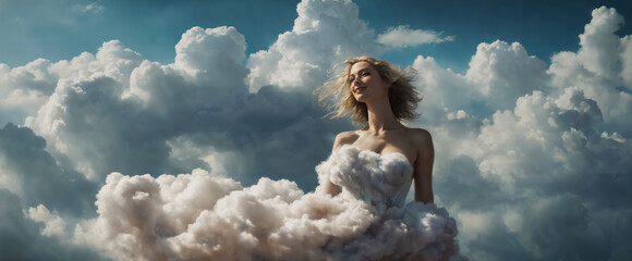 woman dressing clouds and smiling slightly