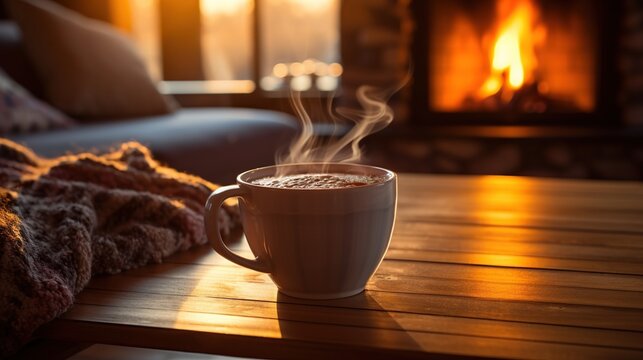 Cup hot coffee on wooden table with fire place. AI generated image