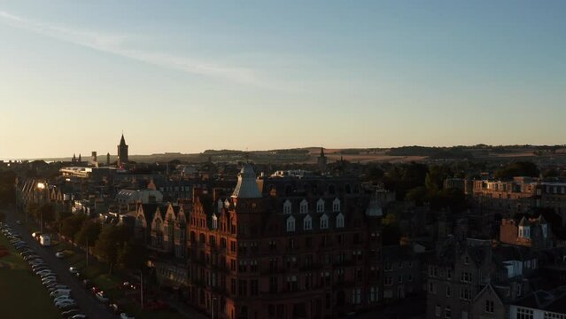 Aerial shot of St. Andrews in Scotland, United Kingdom, historical town by the water