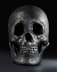 Shiny metal human skull. Worn down and blacked skull painted a shiny metallic silver.