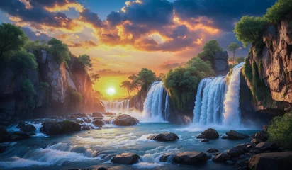 Foto auf Acrylglas Nature Wallpaper Waterfall in the forest with sunset, nature, wallpaper, waterfall, forest, sunset, nature wallpaper, waterfall in forest, sunset wallpaper, landscape, falls, fall, flowing, stone © woollyfoor
