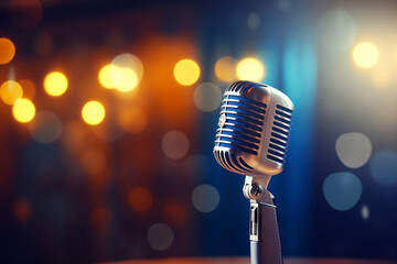 Vintage Microphone on a Stage with Lights in Bokeh Background in Red and Blue - obrazy, fototapety, plakaty