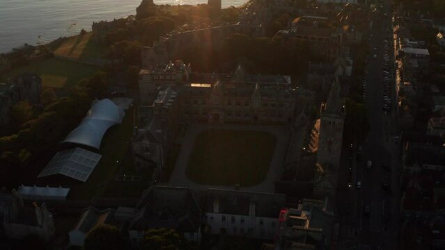 Aerial shot of St. Andrews in Scotland, United Kingdom, historical town by the water