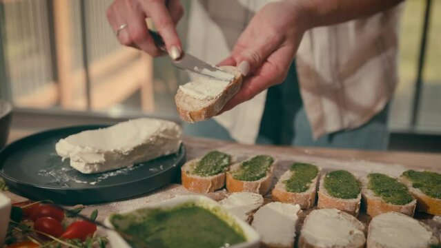 close-up of bruschettes for appetizers. holiday catering, holiday hors d'oeuvres. High quality 4k footage