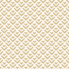Golden vector geometric seamless pattern with lines, arrows, squares, rhombuses, grid. Luxury abstract white and gold graphic ornament. Modern minimal background texture. Elegant repeat geo design