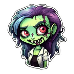 A cartoon zombie girl with purple hair and green eyes. Digital art.