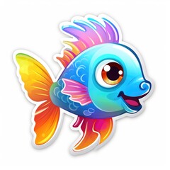 A colorful fish with a big smile on it's face. Digital art. Cute rainbow sticker.