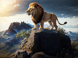 Lion standing on a rock in daylight