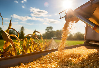 Harvester pouring freshly harvested corn maize seeds - obrazy, fototapety, plakaty