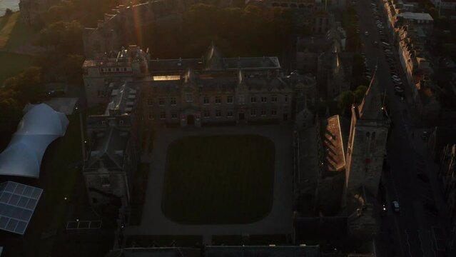 Aerial shot of St. Andrews in Scotland, United Kingdom, historical town by the water
